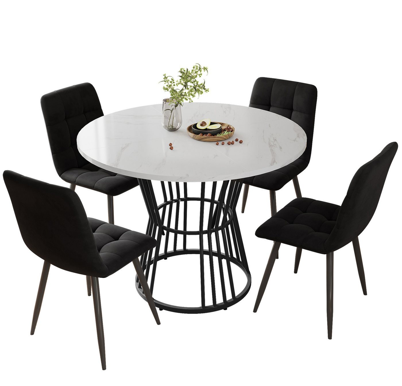 i@home Essgruppe Küchentisch-Set, (5-teilig), Esstisch-Set mit 4 Stühlen, (1 Tsich, 4 Stühle), runder Esstisch mit 100cm Durchmesser und schwarzen Metallbeinen von i@home