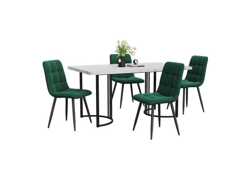 i@home Essgruppe Moderner Küchentisch Set, (5-tlg), Esstisch mit 4 Stühlen, (Die tatsächliche maximale Tragfähigkeit der Tabelle ist 75kg), 140×80cm Küchentisch, Dunkelgrün Samt Esszimmerstühle von i@home