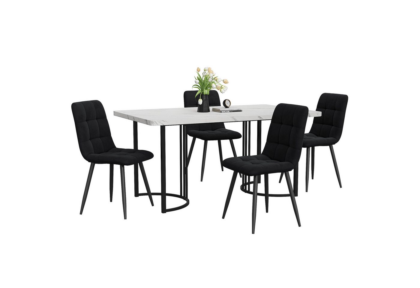 i@home Essgruppe Moderner Küchentisch Set, (5-tlg), Esstisch mit 4 Stühlen, (Die tatsächliche maximale Tragfähigkeit der Tabelle ist 75kg), 140×80cm Küchentisch, Schwarz Samt Esszimmerstühle von i@home
