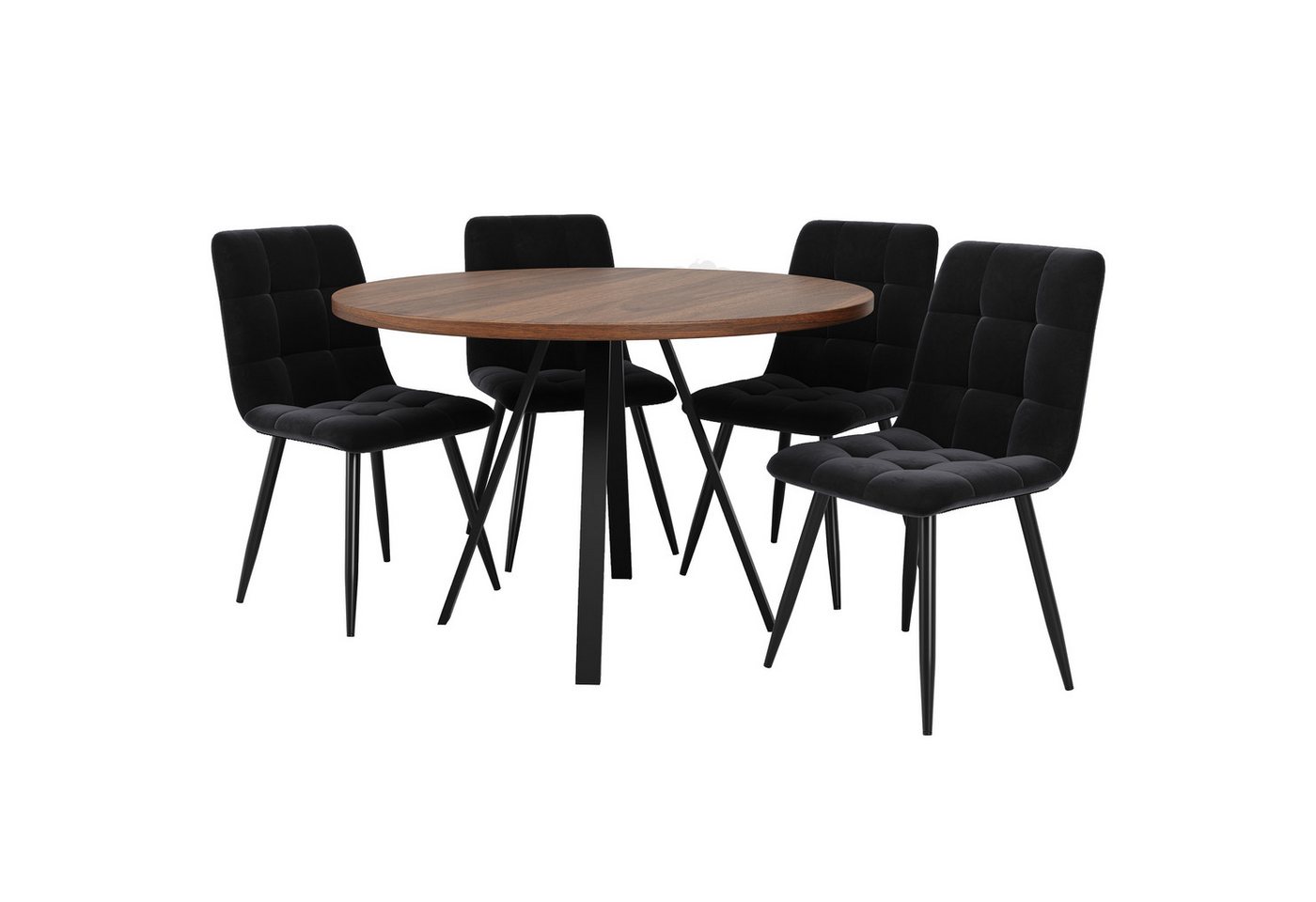 i@home Essgruppe runder Esstisch(80×80×75 cm), mit 4 Samtstühle, (5-tlg., 1 Tisch, 4 Stühle), nussbaumfarbenem Esstisch mit 4 schwarzer Esszimmerstühle von i@home