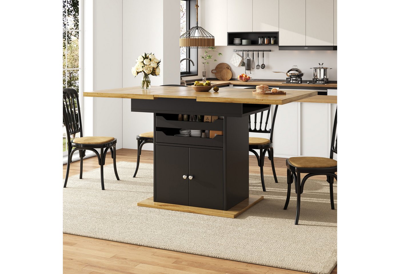 i@home Esstisch Ausziehbarer Esstisch (1 Tisch), Tisch mit zwei Schubladen und einem Aufbewahrungsschrank,110-140×80cm von i@home