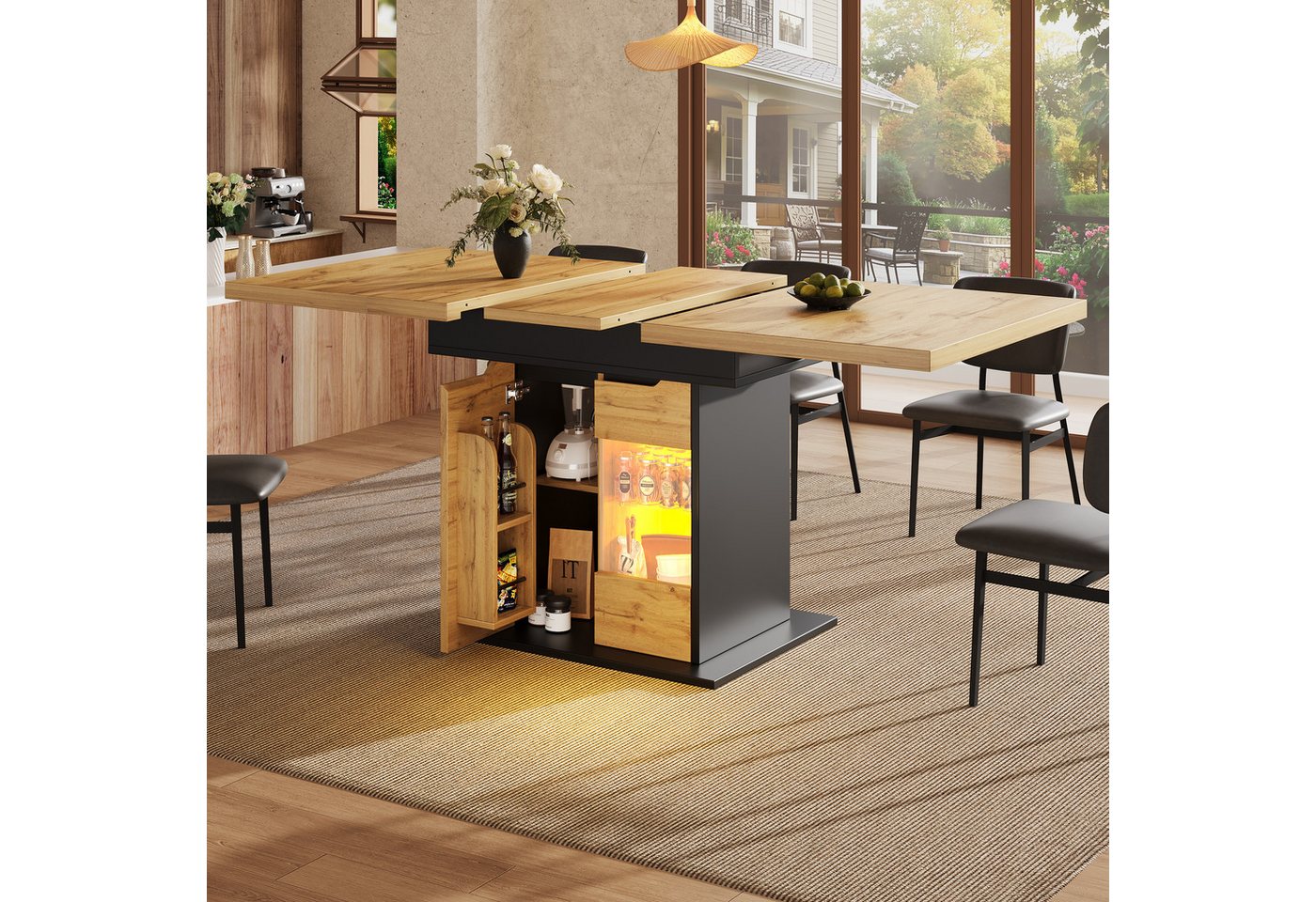 i@home Esstisch Ausziehbarer Küchetisch (1 Tisch), Teleskoptisch(110-140×80cm), mit LED-Beleuchtung und Snackablage von i@home