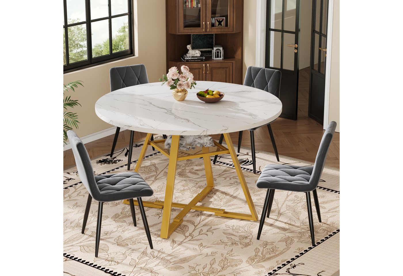 i@home Esstisch Runder Esstisch, Küchentisch (1 Tisch), (1 Stück), golden/schwarz Metallbeine Marmoroptik Schwarz/Weiß von i@home