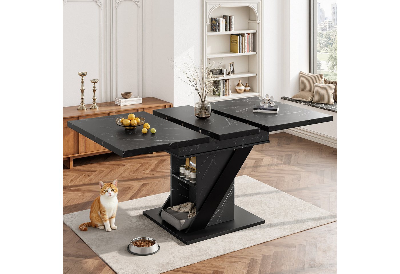 i@home Esstisch ausziehbarer Esstisch, Küchentisch (1 Tisch), Teleskoptisch(110-140×80cm),Esstisch in schwarzer Marmoroptik von i@home