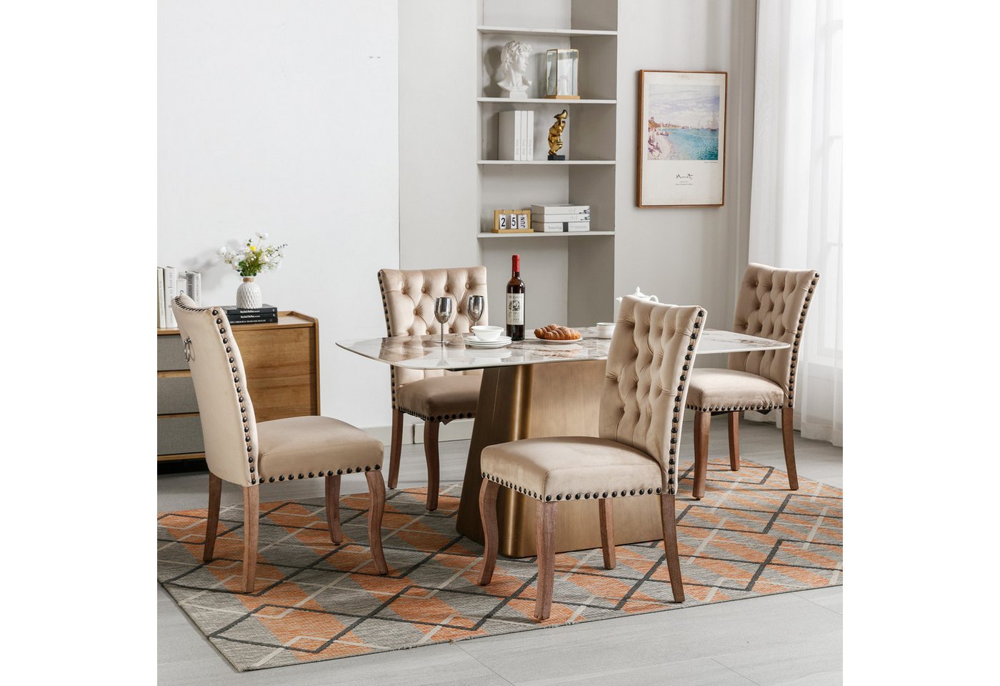 i@home Esszimmerstuhl Küchenstuhl,Wohnzimmerstuhl,Beinen aus Massivholz, Helles Kamel/Grau, elegantes Chesterfield-Design von i@home