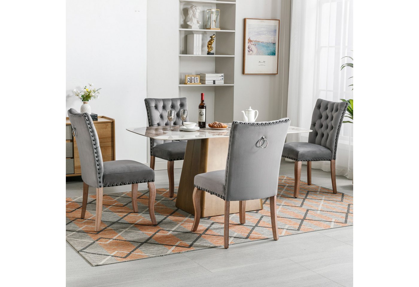 i@home Esszimmerstuhl Küchenstuhl,Wohnzimmerstuhl,Beinen aus Massivholz, Helles Kamel/Grau, elegantes Chesterfield-Design von i@home