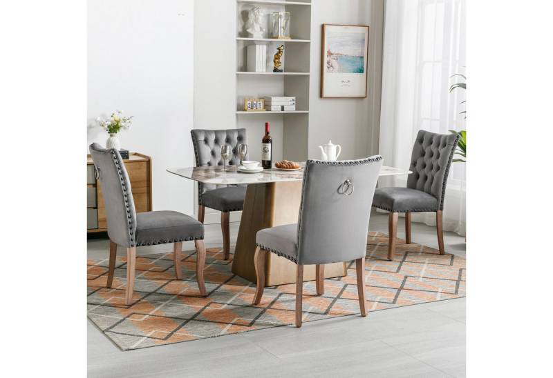i@home Esszimmerstuhl Küchenstuhl,Wohnzimmerstuhl,Beinen aus Massivholz, Helles Kamel/Grau, elegantes Chesterfield-Design von i@home