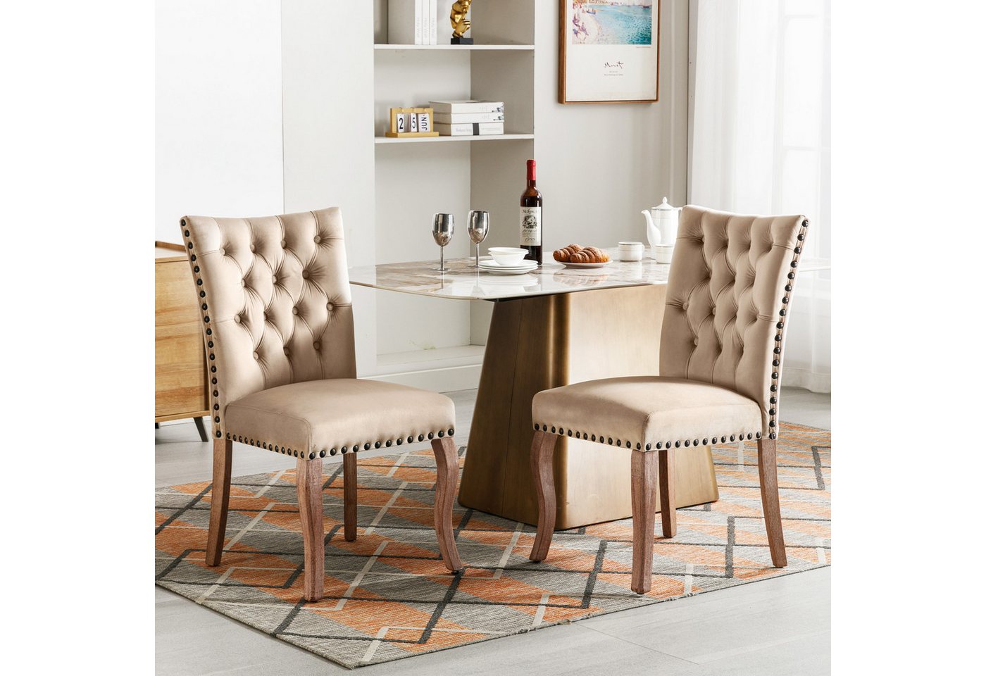 i@home Esszimmerstuhl Küchenstuhl,Wohnzimmerstuhl,Beinen aus Massivholz, Helles Kamel/Grau, elegantes Chesterfield-Design von i@home