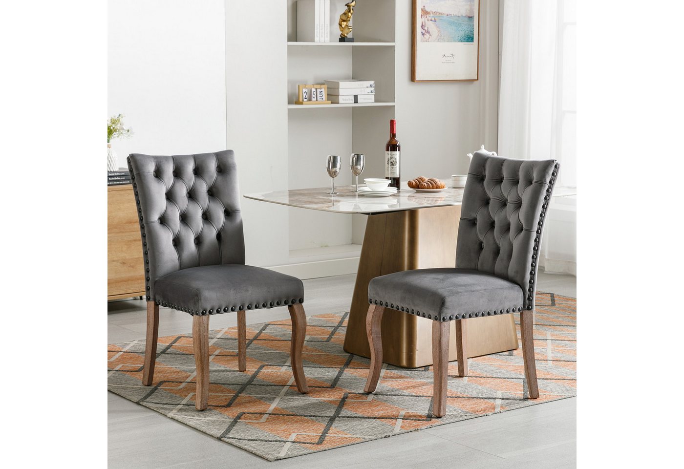 i@home Esszimmerstuhl Küchenstuhl,Wohnzimmerstuhl,Beinen aus Massivholz, Helles Kamel/Grau, elegantes Chesterfield-Design von i@home
