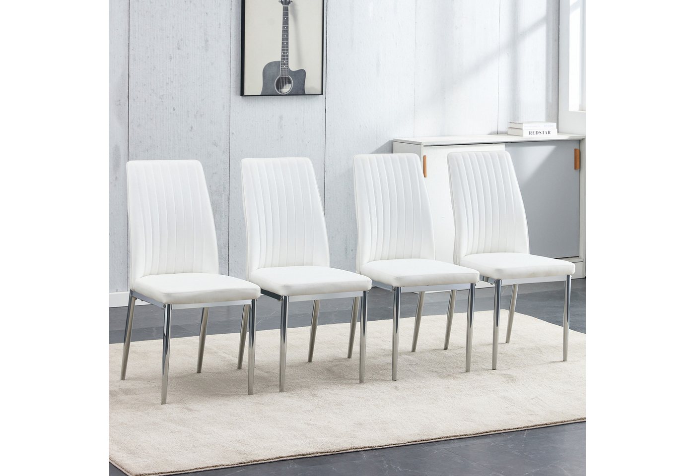 i@home Esszimmerstuhl Mode Essstuhl 4-teiliges Set: Silbermetallbeine, weißes PU-Leder (4er Set),Eleganter am Esstisch das einen eleganten Essraum schafft) von i@home