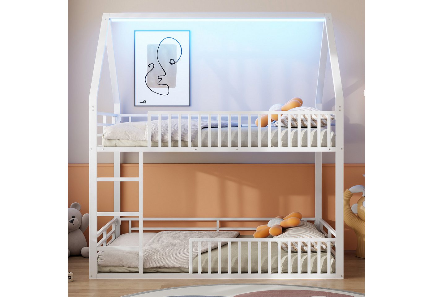i@home Etagenbett Haus-Etagenbett,schwarz/weiß (Packung set), mit Zaun und LED-Licht,140x200 von i@home