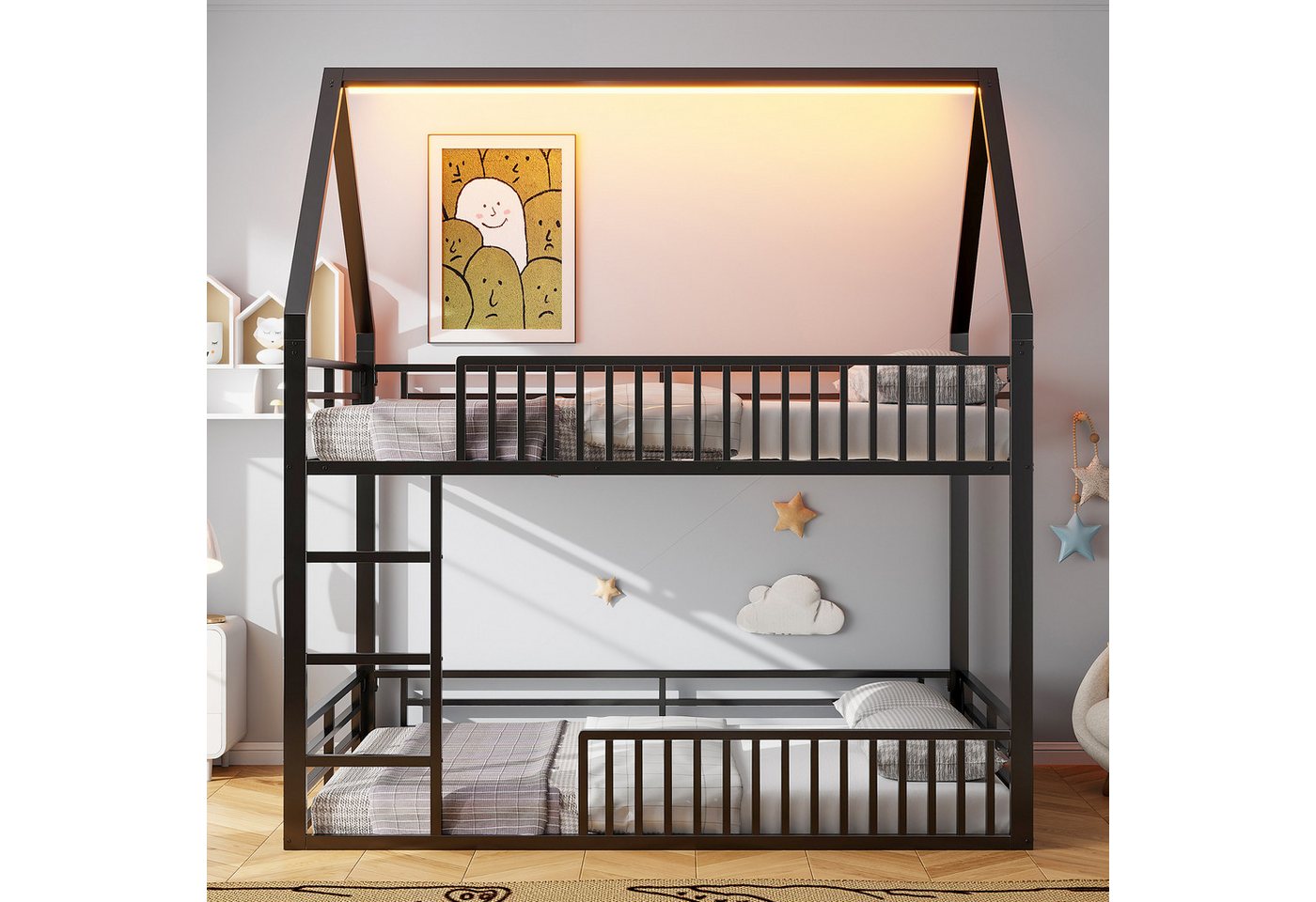 i@home Etagenbett Haus-Etagenbett,schwarz/weiß (Packung set), mit Zaun und LED-Licht,140x200 von i@home