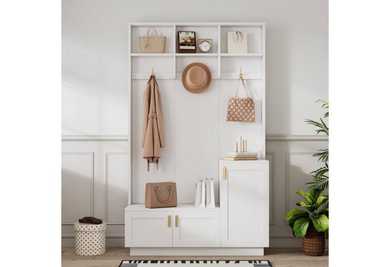 i@home Garderoben-Set Garderoben-Set mit Bank und Schuhablage, (multifunktionale Aufbewahrungsbank mit 3 hängenden Haken, &offenem Stauraum,rechteckige Aufbewahrung®ale Garderobe für Flur) von i@home