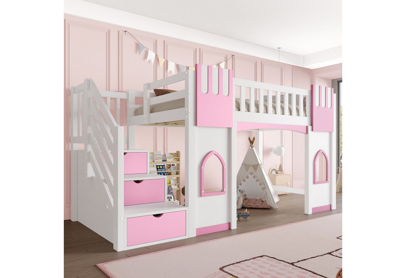 i@home Hochbett 90 x 200 cm Hochbett mit Stauraumtreppe und Fenster, Weiß Platzsparend, Verspielt i@home Hochbett 90 x 200 cm Hochbett mit Stauraumtreppe und Fenster, Weiß Platzsparend, Verspielt von i@home