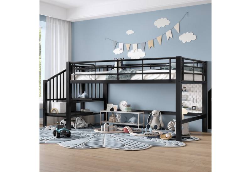 i@home Hochbett Halbhohes Hochbett 90 x 200 mit Stauraumtreppe, Schwarz (Kombiset) Stauraum von i@home