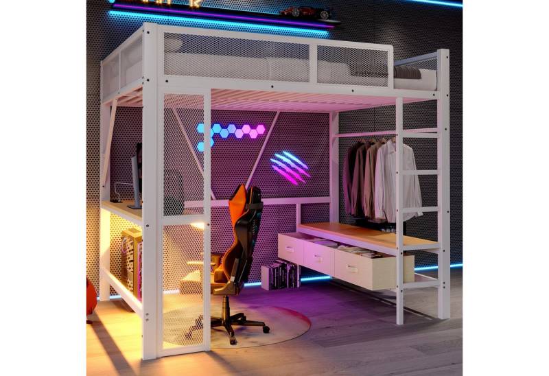 i@home Hochbett Hochbett 140 x 200 cm Metall-Spielhochbett mit USB, LED, Schreibtisch (offenem Kleiderschrank und 3 Wäscheschubladen) Platzsparend von i@home