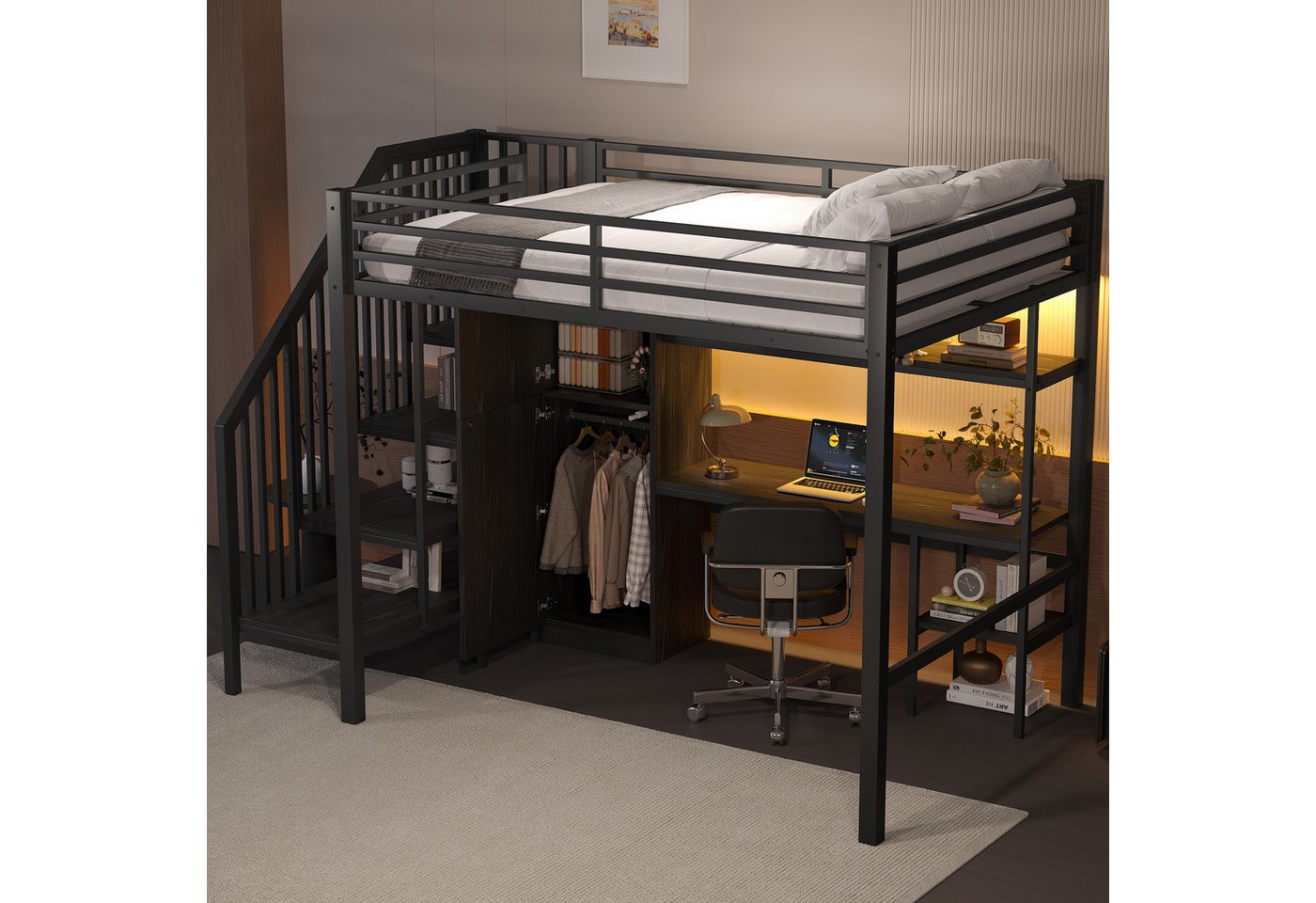 i@home Hochbett Hochbett 140x200 mit Schreibtisch,Kleiderschrank und Stauraumtreppe (Kombiset, Schwarz) mit LED-Beleuchtung, Stauraum von i@home