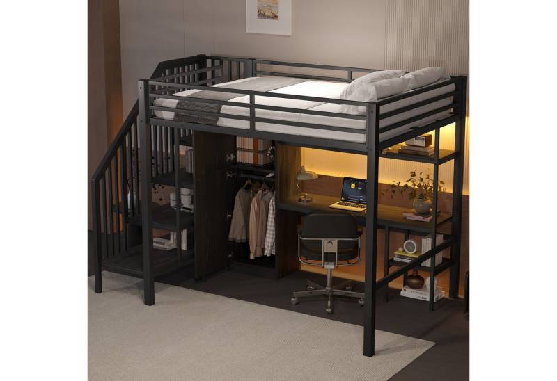 i@home Hochbett Hochbett 140x200 mit Schreibtisch,Kleiderschrank und Stauraumtreppe (Kombiset, Schwarz) mit LED-Beleuchtung, Stauraum von i@home