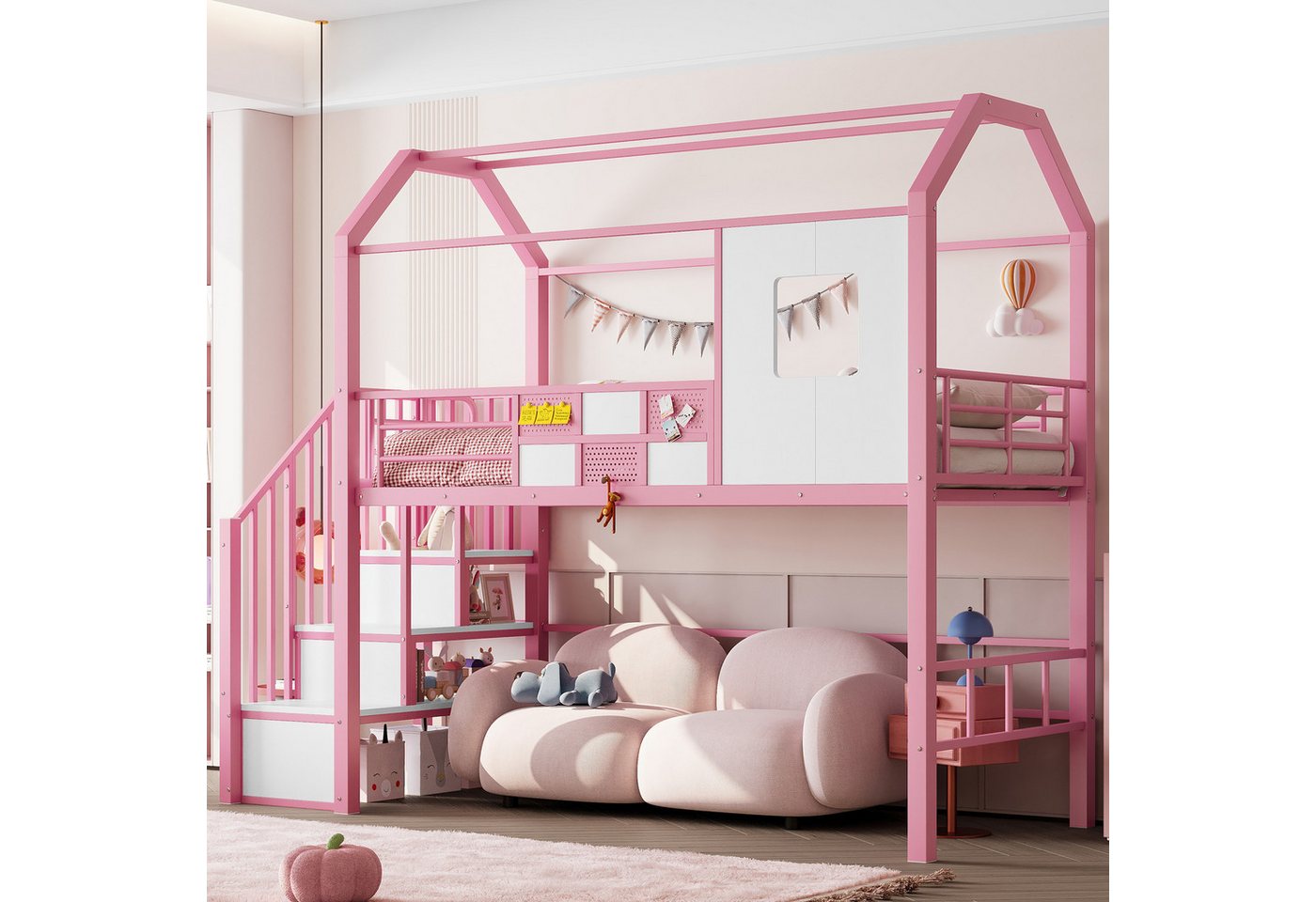 i@home Hochbett Hochbett 90x200 mit Dachkonstruktion und Stauraumtreppe, Rosa (Kombiset) Dachdesign, Stauraum von i@home