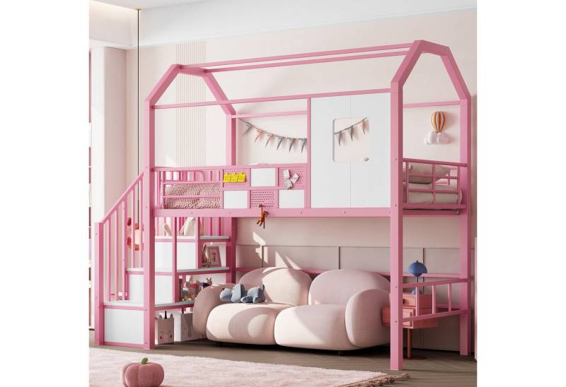 i@home Hochbett Hochbett 90x200 mit Dachkonstruktion und Stauraumtreppe, Rosa (Kombiset) Dachdesign, Stauraum von i@home