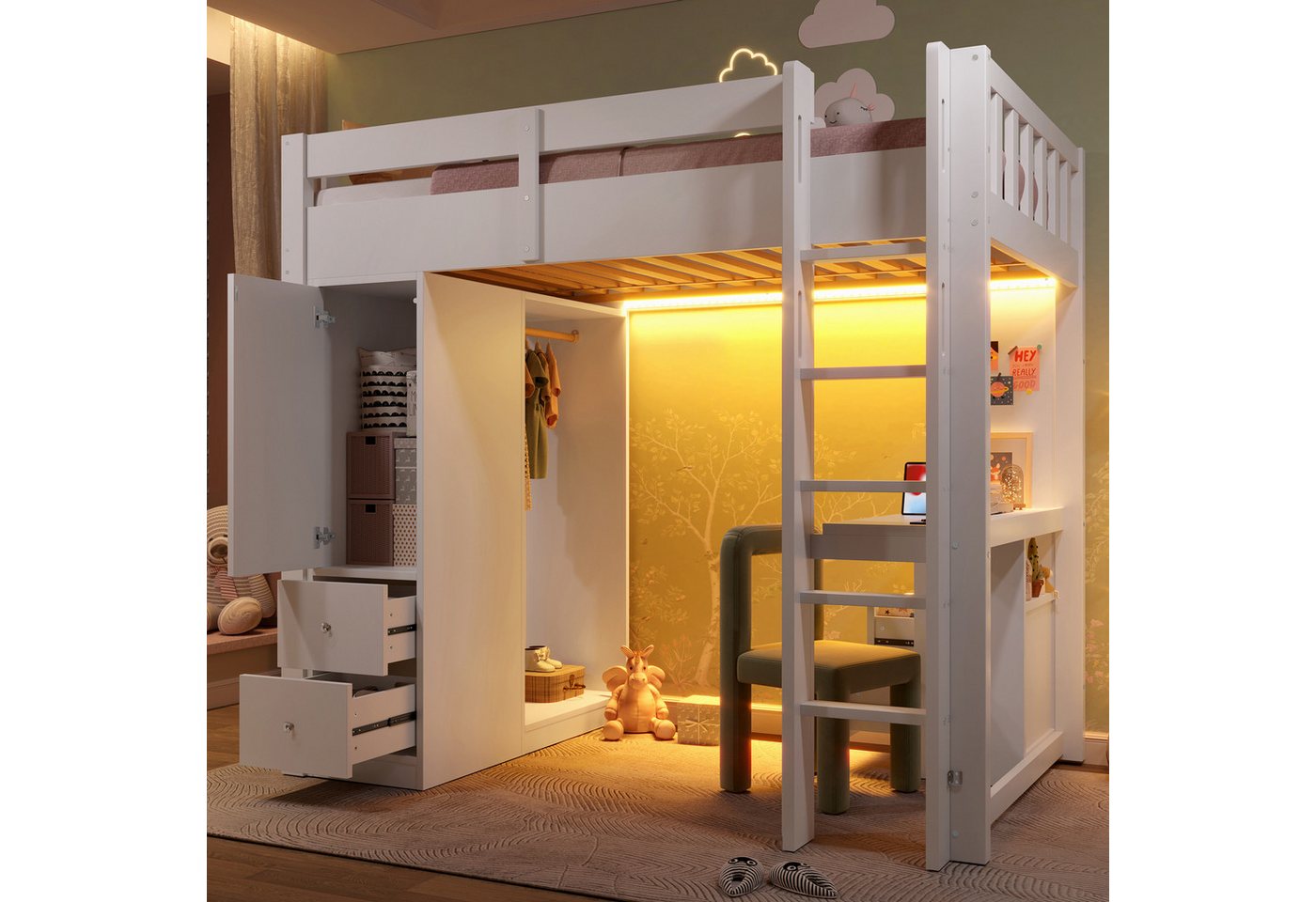 i@home Hochbett Hochbett mit 4 Schubladen und 1 Stauraumschrank,Unterbettschreibtisch (Unterbettschreibtisch,offenem Kleiderschrank,LED-Licht und USB 90x200) LED-Beleuchtung, Stauraum von i@home