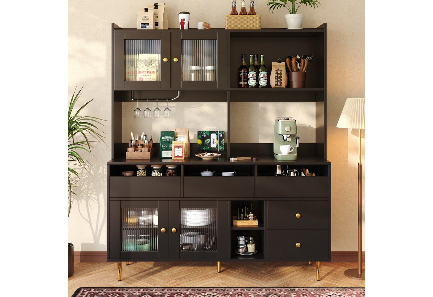 i@home Hochschrank Buffetschrank,Esszimmerschrank,weiß/schwarz (Packung set) mit Glastüren,Weinglasregal,Stauraum,und Golddekoration,145*39*171cm von i@home