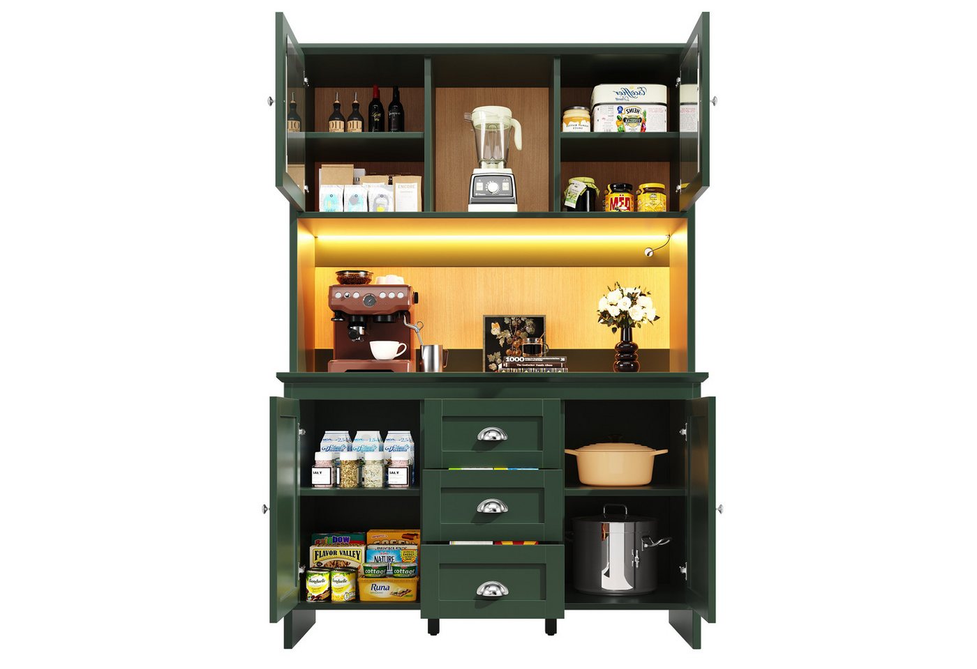 i@home Hochschrank Küchenschränke, Küchenschrank mit Glastüren und LED-Beleuchtung, grün,(120 x 40 x 179 cm) von i@home