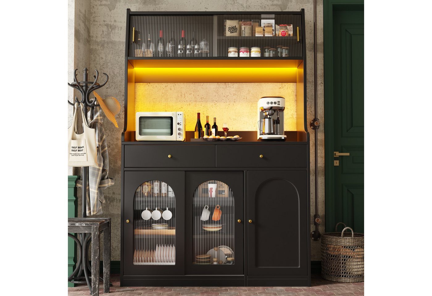 i@home Hochschrank Küchenschrank,Vitrinenschrank, Buffetschrank, schwarz/weiß (Packung set) mit verstellbaren Ablagen,Sideboard und LED-Beleuchtung,120*40*180cm von i@home