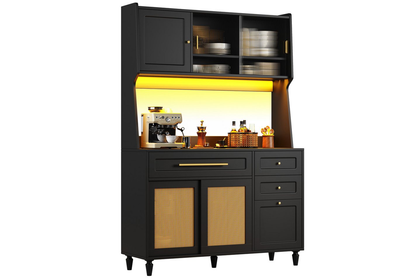 i@home Hochschrank Küchenschrank,Vitrinenschrank, Buffetschrank,schwarz (Packung set) mit Sideboard,LED-Beleuchtung und verstellbaren Ablagen,120*45*195.5 von i@home