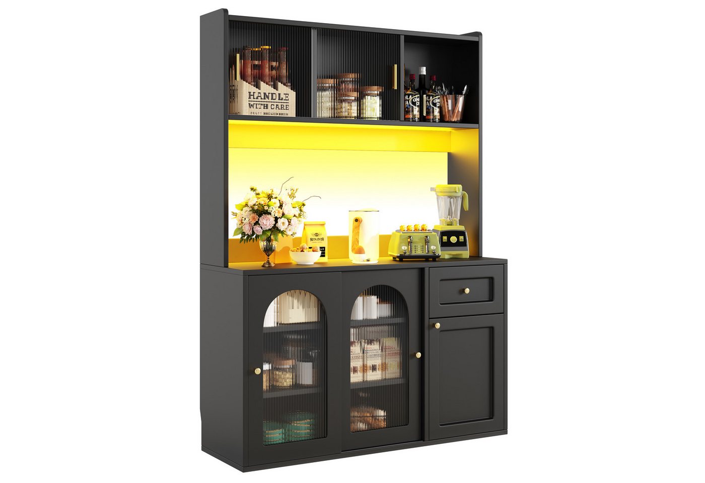 i@home Hochschrank Küchenschrank,Vitrinenschrank, Buffetschrank,weiß/schwarz (Packung set) mit LED-Beleuchtung und verstellbaren Ablagen,120*35*167cm von i@home