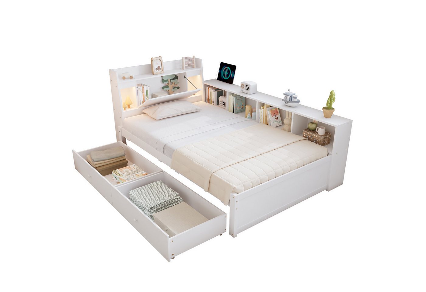 i@home Holzbett Einzel-Doppelbett, Kopfteil mit Ablagefach, Weiß, 90/140cm*200cm i@home Holzbett Einzel-Doppelbett, Kopfteil mit Ablagefach, Weiß, 90/140cm*200cm von i@home