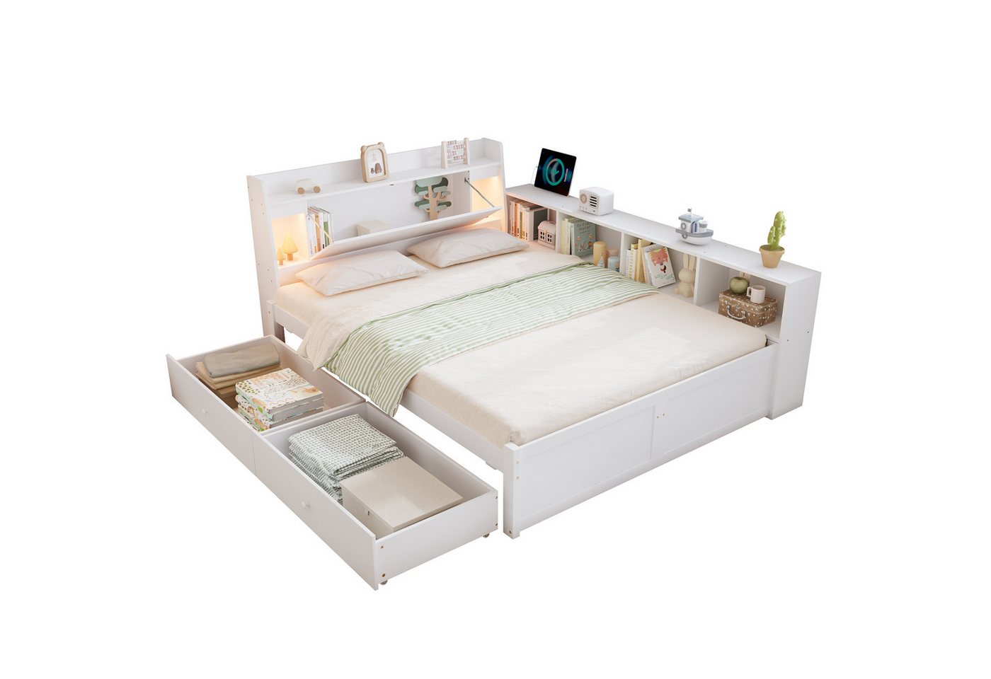 i@home Holzbett Einzel-Doppelbett, Kopfteil mit Ablagefach, Weiß, 90/140cm*200cm i@home Holzbett Einzel-Doppelbett, Kopfteil mit Ablagefach, Weiß, 90/140cm*200cm von i@home