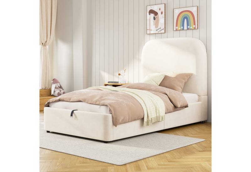 i@home Kinderbett Polsterbett, Einzelbett, Kinderbett 90 x 200cm, mit Lattenrost & Stauraum, Beige von i@home