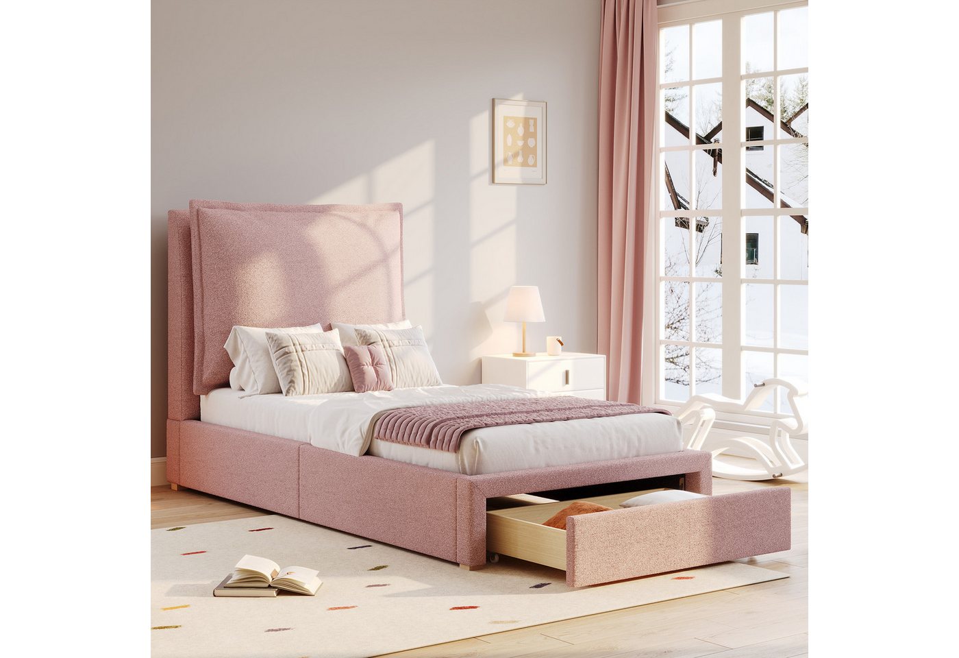 i@home Kinderbett Polsterbett,Einzelbett, Kinderbett 90 x 200cm (Funktionsbett mit Schublade & Lattenrost), Ergonomisches Kopfteil (15cm), Hochwertiger Chenille-Stoff, Rosa von i@home