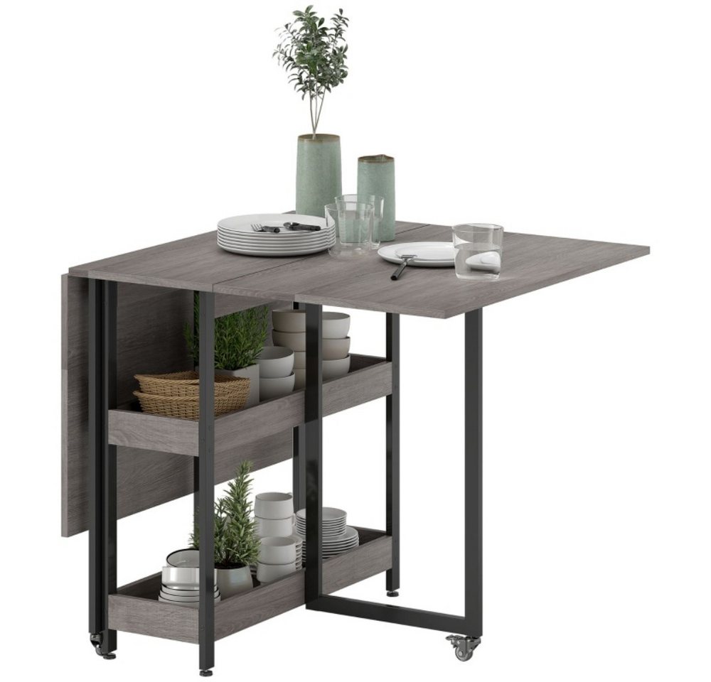 i@home Klapptisch HOMCOM Klappbarer Esstisch mit Ablagen, Weiß/braun/grau, 133×80×75 cm (1-St., Einzelmöbel), Klappbar · Mit Ablagefächern · Platzsparend · Mobil mit Rollen von i@home