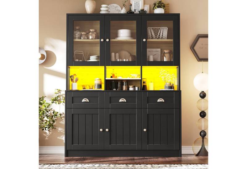 i@home Küchenbuffet Vitrinenschrank mit LED-Beleuchtung 140×40×175cm Weiß/Schwarz LED-Beleuchtung mit Farbwechsel, Kippsicherung, moderne Vitrinenoptik von i@home