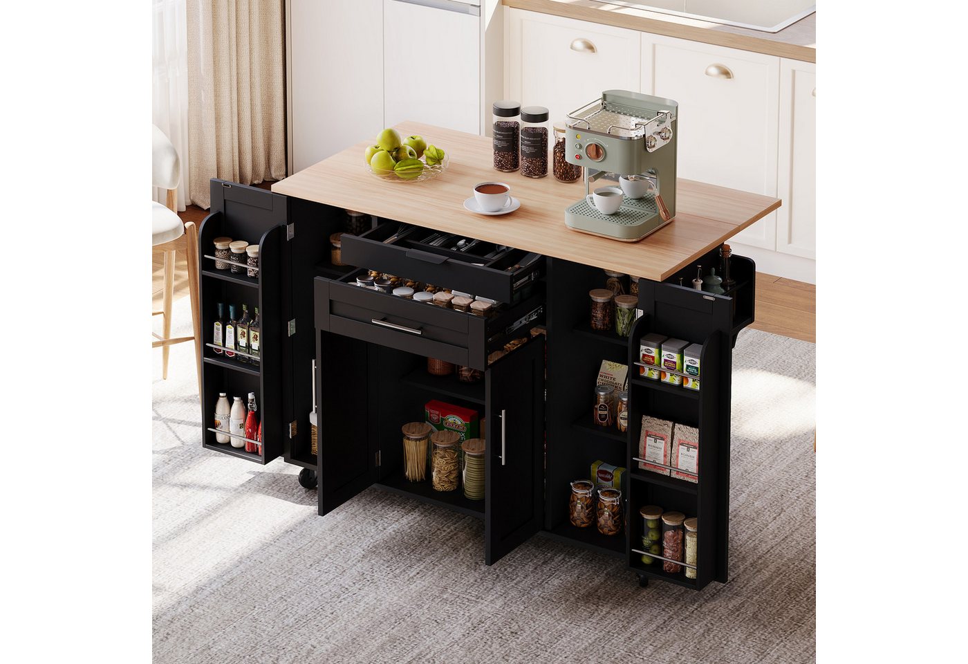 i@home Kücheninsel 120×45cm,mobile Küchenwagen,ausziehbare Arbeitsplatte bis 70cm, (verdeckte Besteckschublade,verstellbare Einlegeböden,Gewürzregal) von i@home