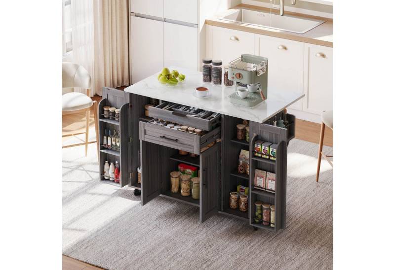 i@home Kücheninsel 120×45cm,mobile Küchenwagen,ausziehbare Arbeitsplatte bis 70cm, (verdeckte Besteckschublade,verstellbare Einlegeböden,Gewürzregal) von i@home