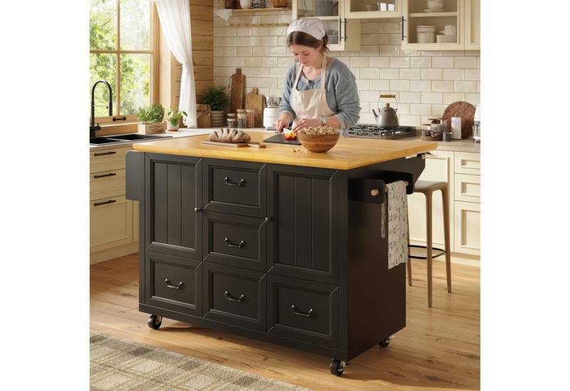 i@home Kücheninsel ausziehbarer Küchenwagen auf Rollen, 120x73(45) x 93 cm, Sideboard mit Stauraum, Gewürzregal & Handtuchhalter, Schwarz von i@home