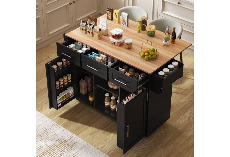 i@home Kücheninsel großer Servierwagen/Beistellschrank, graues Massivholz-Furnier, (für den Korpus + weiße Marmor-Furnierdekoration für die Arbeitsplatte), Kühlschranktür-ähnliches Aufbewahrungsdesign von i@home