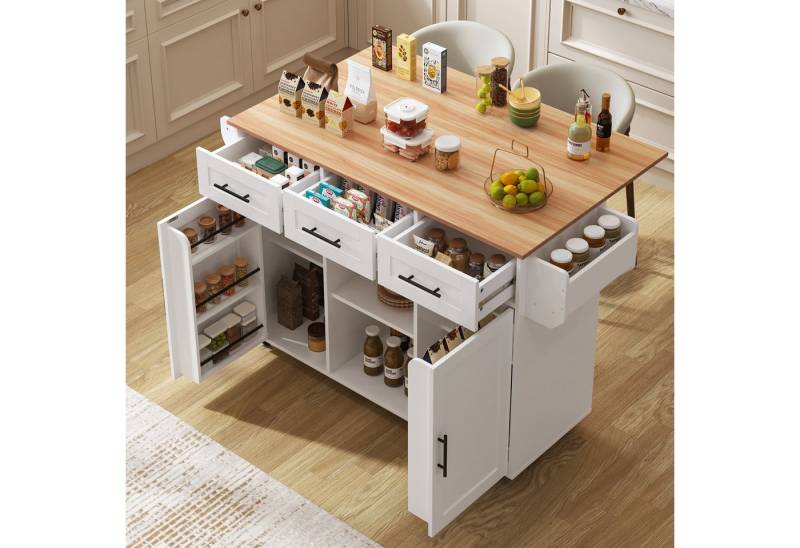 i@home Kücheninsel großer Servierwagen/Beistellschrank, graues Massivholz-Furnier, (für den Korpus + weiße Marmor-Furnierdekoration für die Arbeitsplatte), Kühlschranktür-ähnliches Aufbewahrungsdesign von i@home