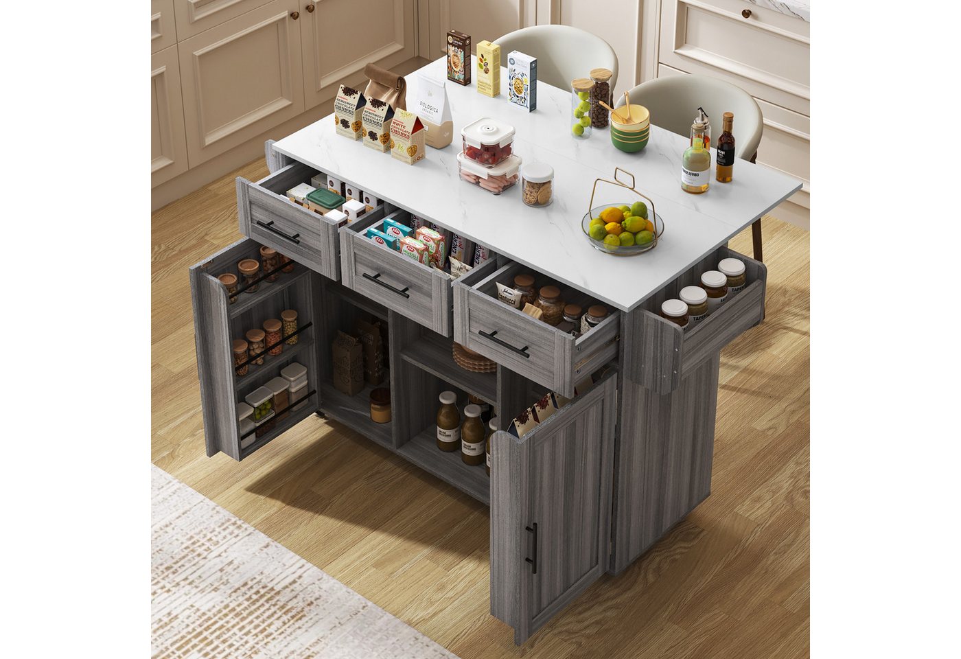 i@home Kücheninsel großer Servierwagen/Beistellschrank, graues Massivholz-Furnier, (für den Korpus + weiße Marmor-Furnierdekoration für die Arbeitsplatte), Kühlschranktür-ähnliches Aufbewahrungsdesign von i@home