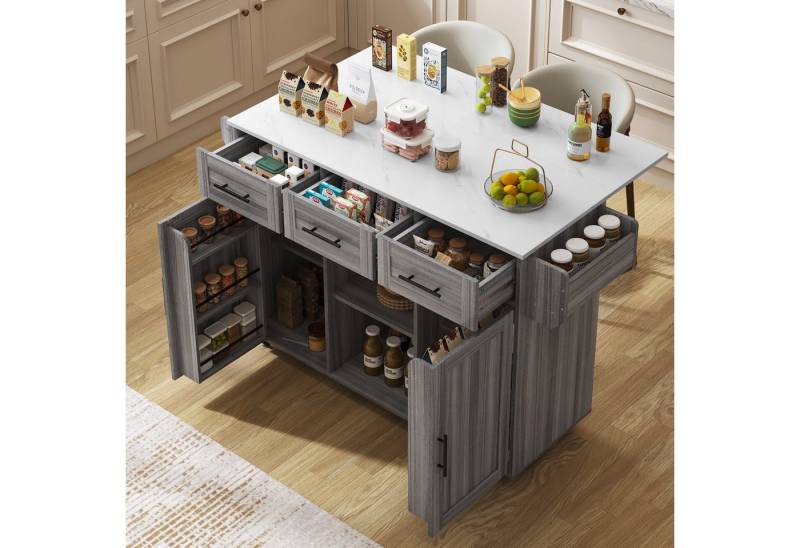 i@home Kücheninsel großer Servierwagen/Beistellschrank, graues Massivholz-Furnier, (für den Korpus + weiße Marmor-Furnierdekoration für die Arbeitsplatte), Kühlschranktür-ähnliches Aufbewahrungsdesign von i@home