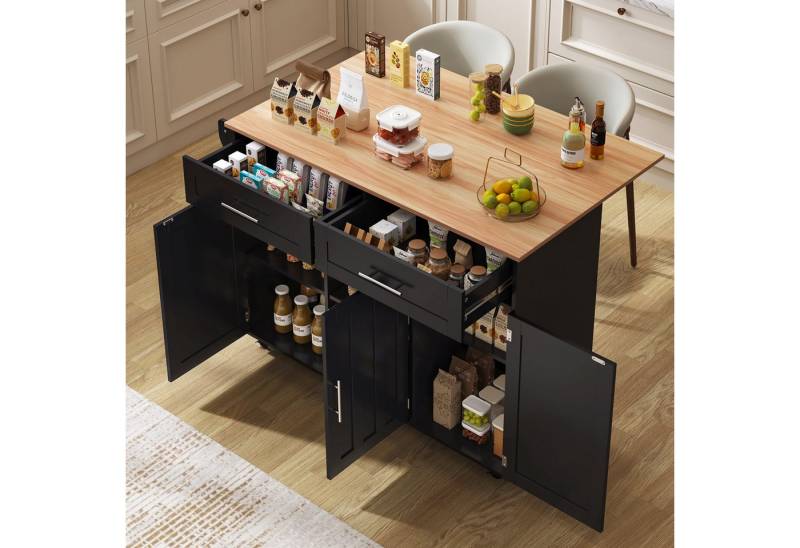 i@home Kücheninsel mit Klapptisch & Stauraum - 129x46(71)x91,5cm Esstischwagen, (Anrichte mit 5 Rädern,2 Schubladen und verstellbaren Inneneinlegeböden) von i@home