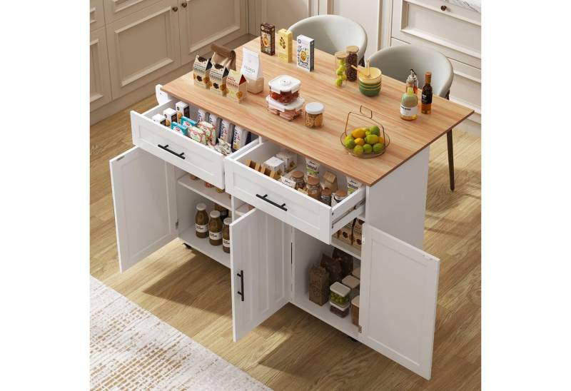 i@home Kücheninsel mit Klapptisch & Stauraum - 129x46(71)x91,5cm Esstischwagen, (Anrichte mit 5 Rädern,2 Schubladen und verstellbaren Inneneinlegeböden) von i@home