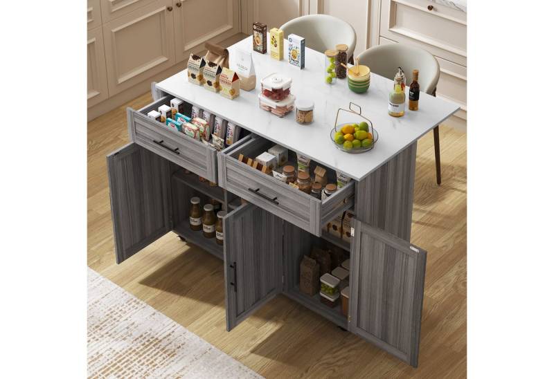 i@home Kücheninsel mit Klapptisch & Stauraum - 129x46(71)x91,5cm Esstischwagen, (Anrichte mit 5 Rädern,2 Schubladen und verstellbaren Inneneinlegeböden) von i@home