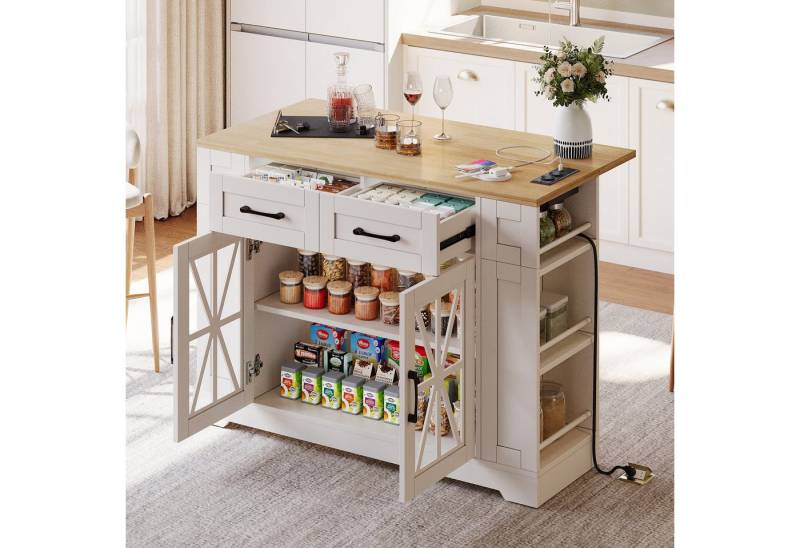 i@home Kücheninsel mit klappbarem Esstisch, offener Ablage, AC-Anschluss, USB-Anschluss, (Glastür, verstellbares Laminat, Rollen mit Bremsen) von i@home