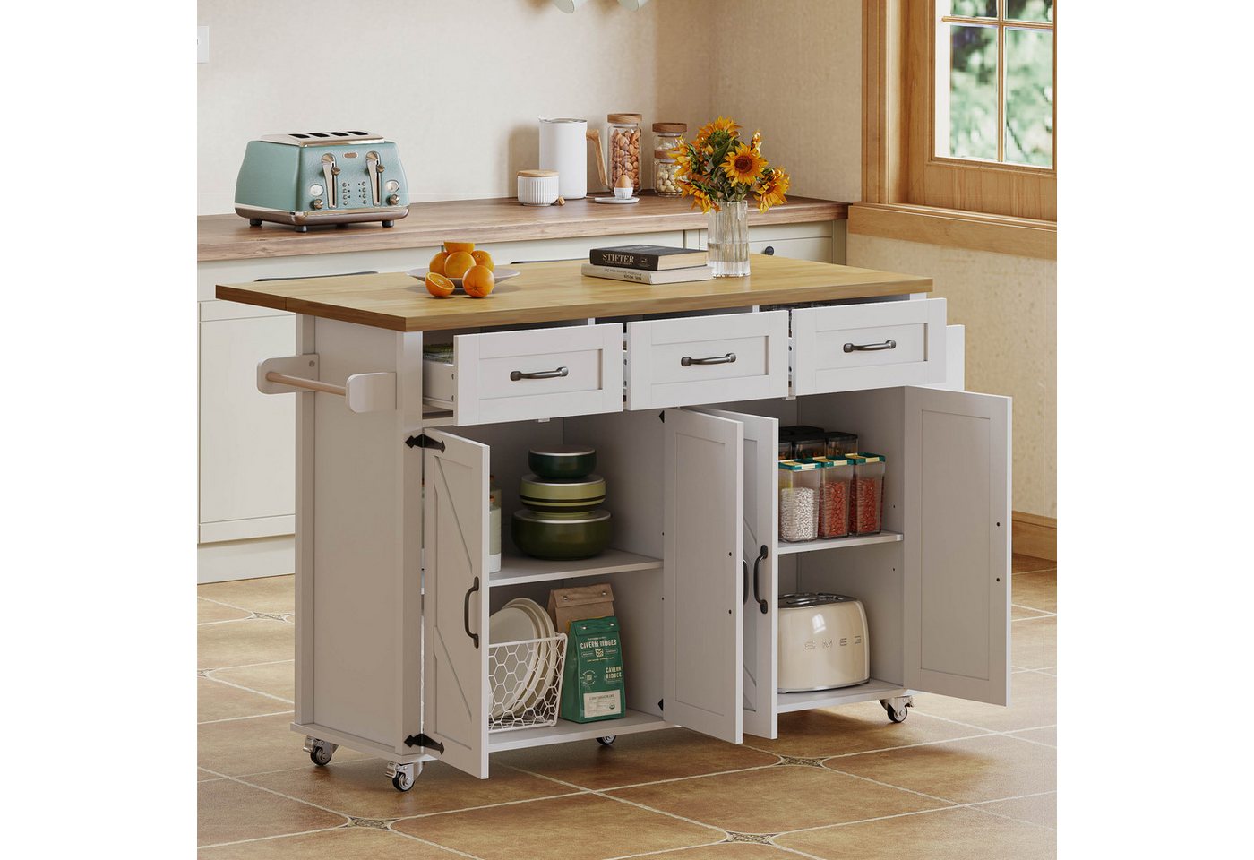 i@home Kücheninsel mit klappbarer Arbeitsplatte, ausgestattet mit 5 feststellbaren Rollen, (4 Türen, 3 Schubladen, doppelseitigen Handtuchhaltern), Scheunenstil-Design, Weiß, 140x43(70)x90.5 cm. von i@home