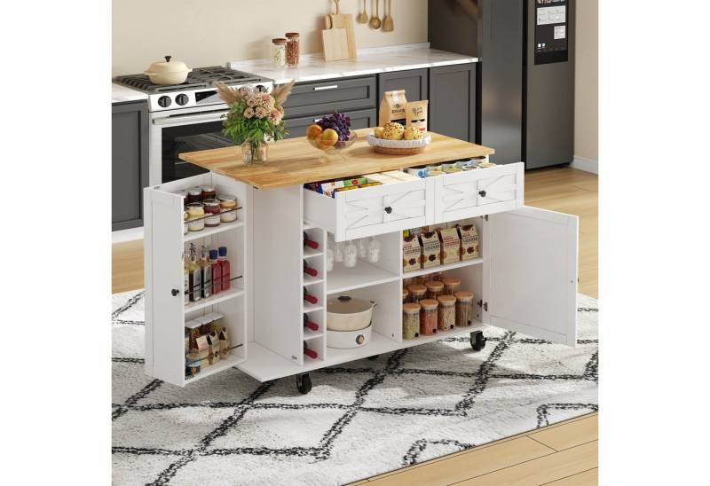 i@home Kücheninsel mit klappbarer Arbeitsplatte, ausgestattet mit 5 verriegelbaren Rollen, (Türregal, Weinregal und Glashalter,120 x 45(70) x 89 cm) von i@home