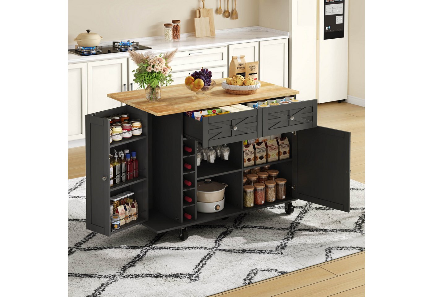 i@home Kücheninsel mit klappbarer Arbeitsplatte, ausgestattet mit 5 verriegelbaren Rollen, (Türregal, Weinregal und Glashalter,120 x 45(70) x 89 cm) von i@home